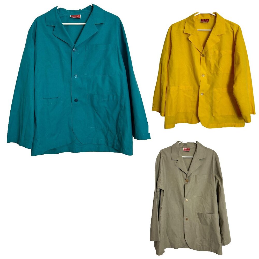 Vintage Lot 3 Texas Uniform Lab Coats Mens Size Medium Green Yellow Tan USA